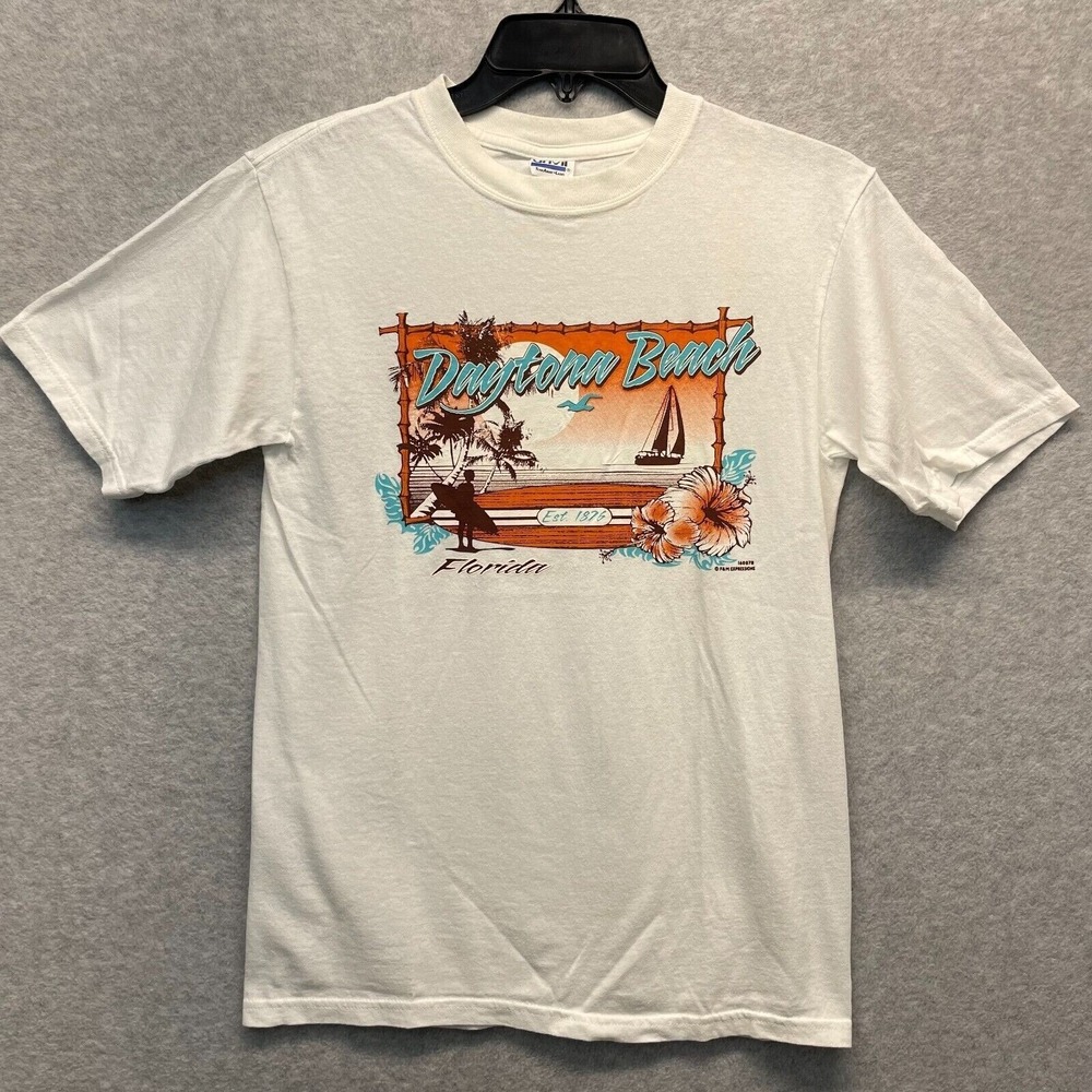 Vintage Anvil Daytona Beach Florida T-Shirt Mens Small White Graphic 90s Retro